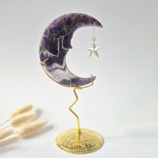 Rosenquarzmond mit Silberstern – 10cm | Edelstein-Gesichtsgravur Spirituelles Interieur