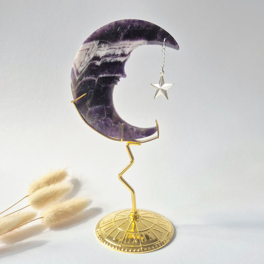 Rosenquarzmond mit Silberstern – 10cm | Edelstein-Gesichtsgravur Spirituelles Interieur