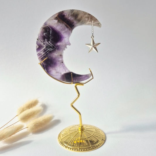 Rosenquarzmond mit Silberstern – 10cm | Edelstein-Gesichtsgravur Spirituelles Interieur