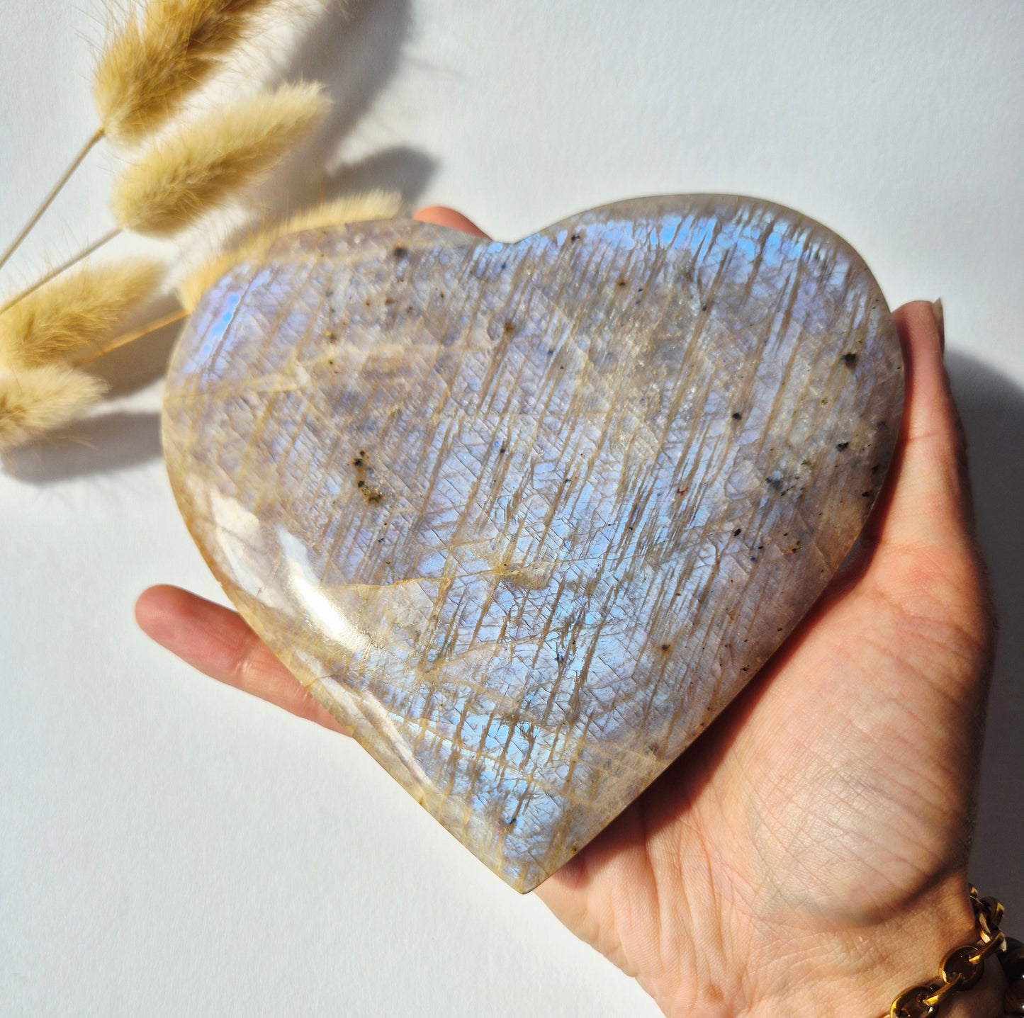 XL Flashy Blauwe Maansteen Hart – 500 gram (13cm)