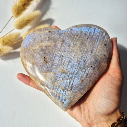 XL Flashy Blauwe Maansteen Hart – 500 gram (13cm)