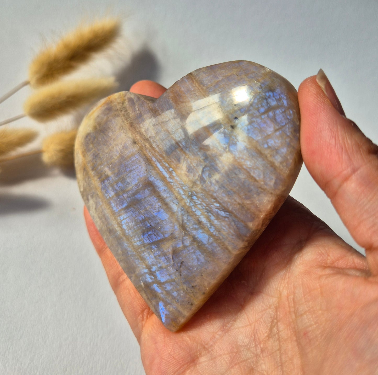 Flashy Blauwe Maansteen Hart – 187 gram Edelsteen Moonstone