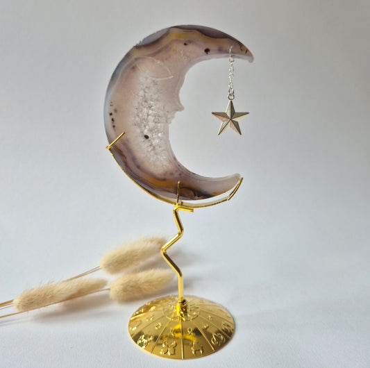 Rosenquarzmond mit Silberstern – 10cm | Edelstein-Gesichtsgravur Spirituelles Interieur