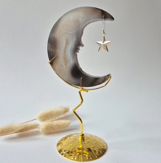 Rosenquarzmond mit Silberstern – 10cm | Edelstein-Gesichtsgravur Spirituelles Interieur