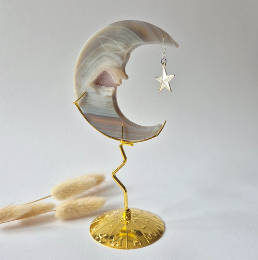 Rosenquarzmond mit Silberstern – 10cm | Edelstein-Gesichtsgravur Spirituelles Interieur