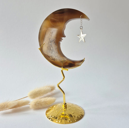 Rosenquarzmond mit Silberstern – 10cm | Edelstein-Gesichtsgravur Spirituelles Interieur