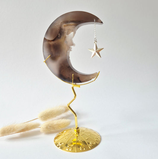 Rosenquarzmond mit Silberstern – 10cm | Edelstein-Gesichtsgravur Spirituelles Interieur