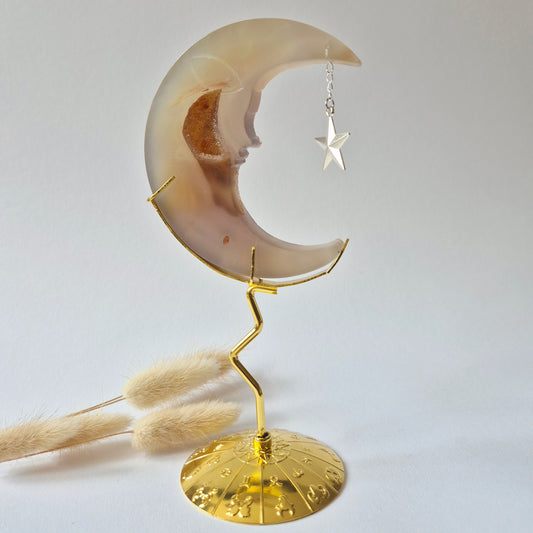 Rosenquarzmond mit Silberstern – 10cm | Edelstein-Gesichtsgravur Spirituelles Interieur