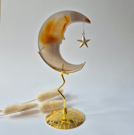Rosenquarzmond mit Silberstern – 10cm | Edelstein-Gesichtsgravur Spirituelles Interieur