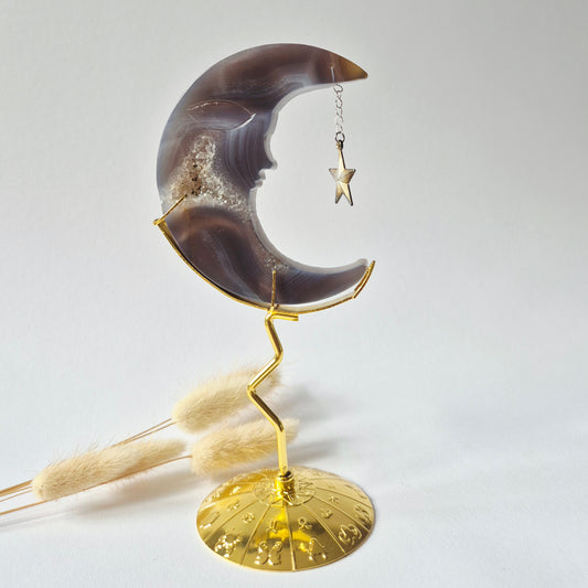 Rosenquarzmond mit Silberstern – 10cm | Edelstein-Gesichtsgravur Spirituelles Interieur