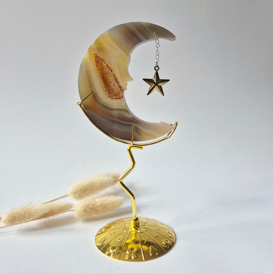 Rosenquarzmond mit Silberstern – 10cm | Edelstein-Gesichtsgravur Spirituelles Interieur
