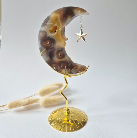 Rosenquarzmond mit Silberstern – 10cm | Edelstein-Gesichtsgravur Spirituelles Interieur