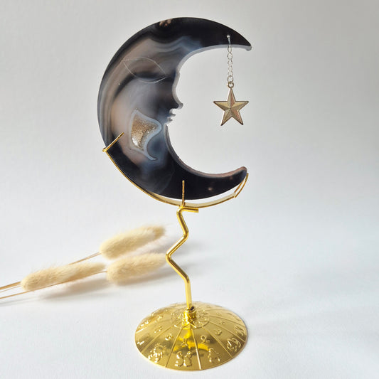 Rosenquarzmond mit Silberstern – 10cm | Edelstein-Gesichtsgravur Spirituelles Interieur