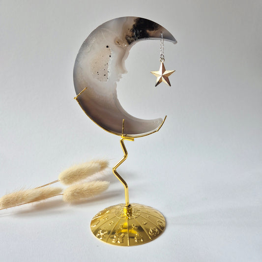 Rosenquarzmond mit Silberstern – 10cm | Edelstein-Gesichtsgravur Spirituelles Interieur