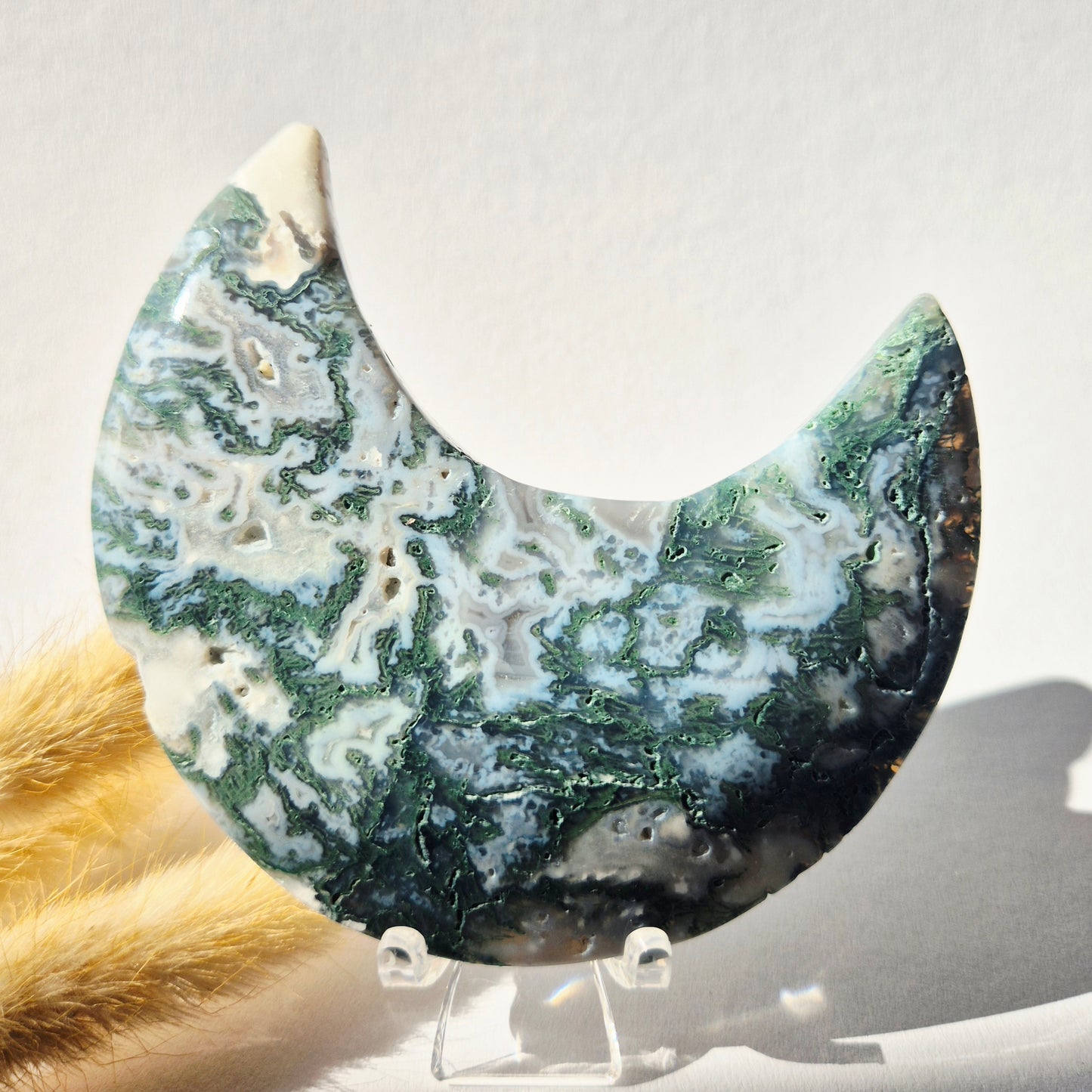 Gemstone Moss Agate Moon on Stand (Druzy &amp; Patterns) Agate - #72 10cm