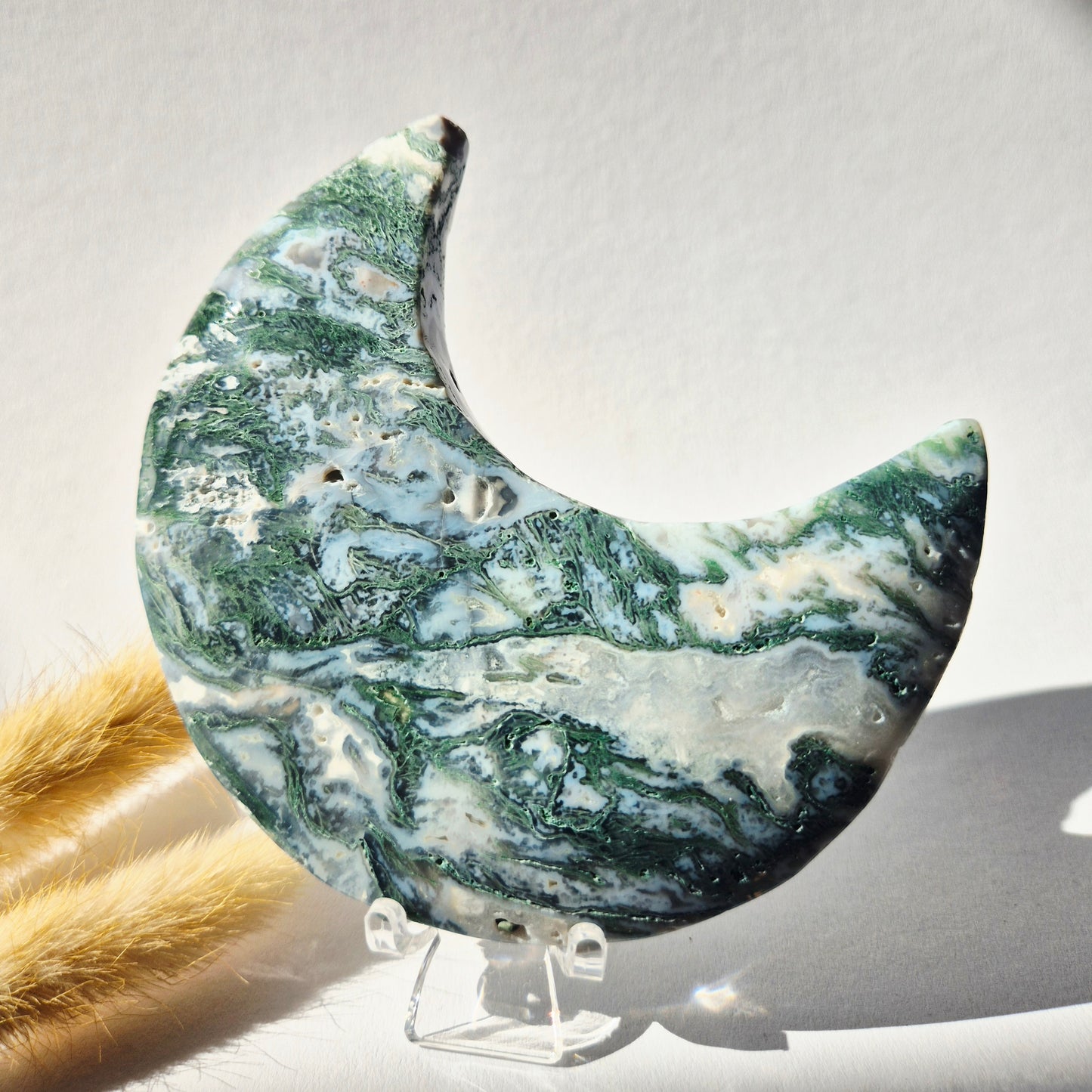 Gemstone Moss Agate Moon on Stand (Druzy &amp; Patterns) Agate - #72 10cm