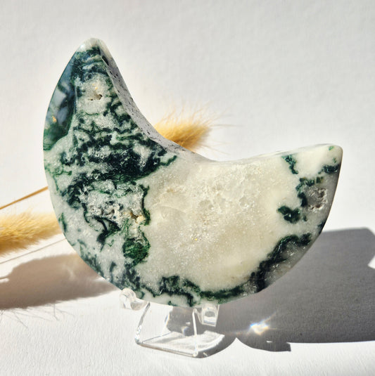 Gemstone Moss Agate Moon on Stand (Druzy &amp; Patterns) Agate - #72 10cm