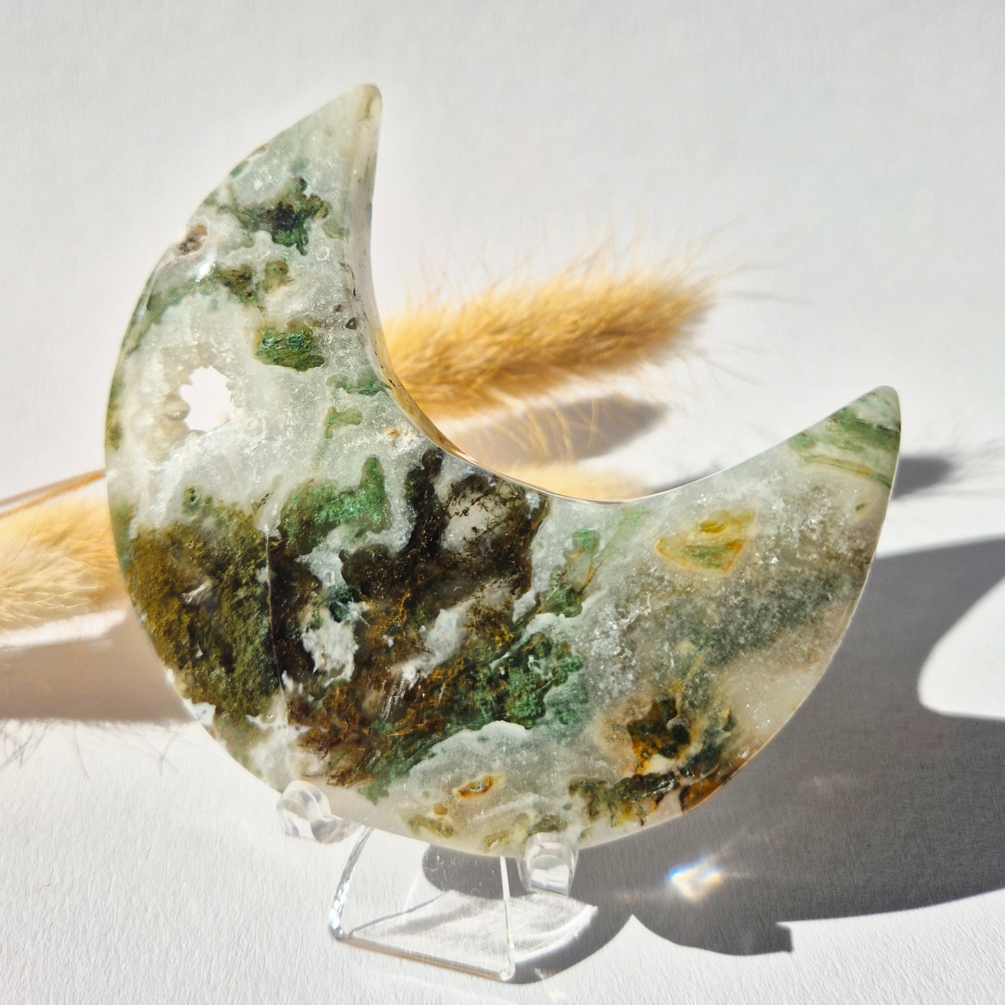 Gemstone Moss Agate Moon on Stand (Druzy &amp; Patterns) Agate - #72 10cm