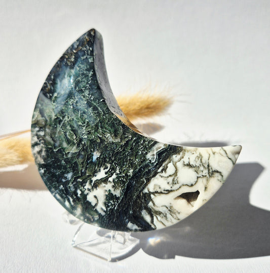 Gemstone Moss Agate Moon on Stand (Druzy &amp; Patterns) Agate - #72 10cm