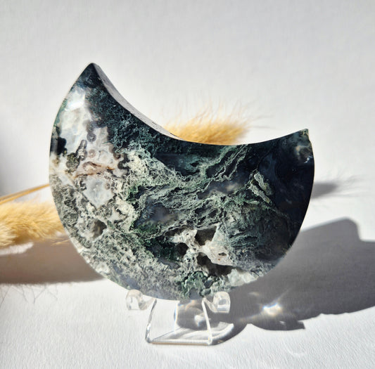 Gemstone Moss Agate Moon on Stand (Druzy &amp; Patterns) Agate - #72 10cm