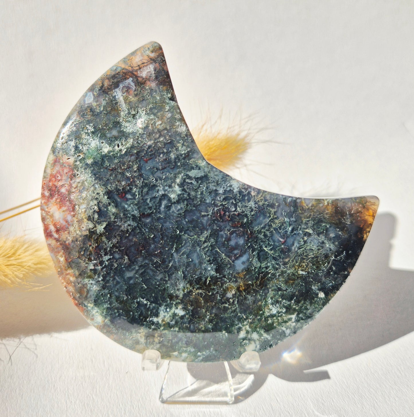 Gemstone Moss Agate Moon on Stand (Druzy &amp; Patterns) Agate - #72 10cm