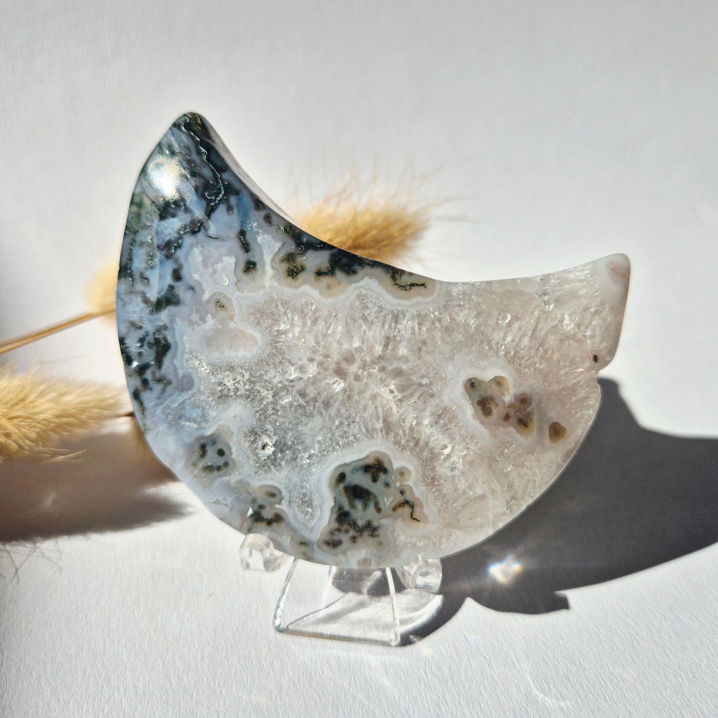 Gemstone Moss Agate Moon on Stand (Druzy &amp; Patterns) Agate - #72 10cm