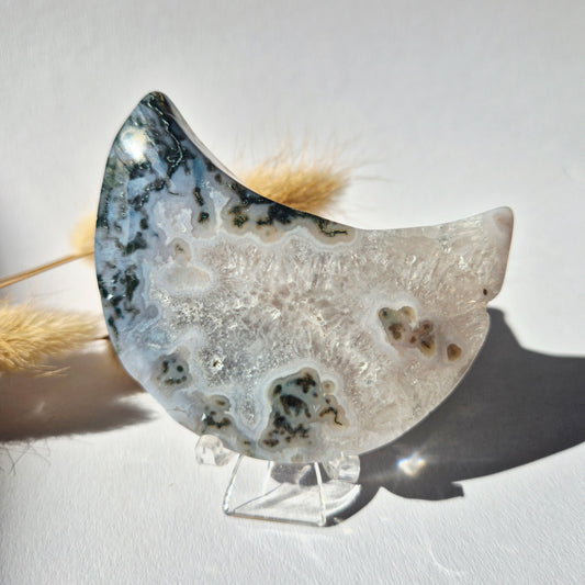 Gemstone Moss Agate Moon on Stand (Druzy &amp; Patterns) Agate - #72 10cm