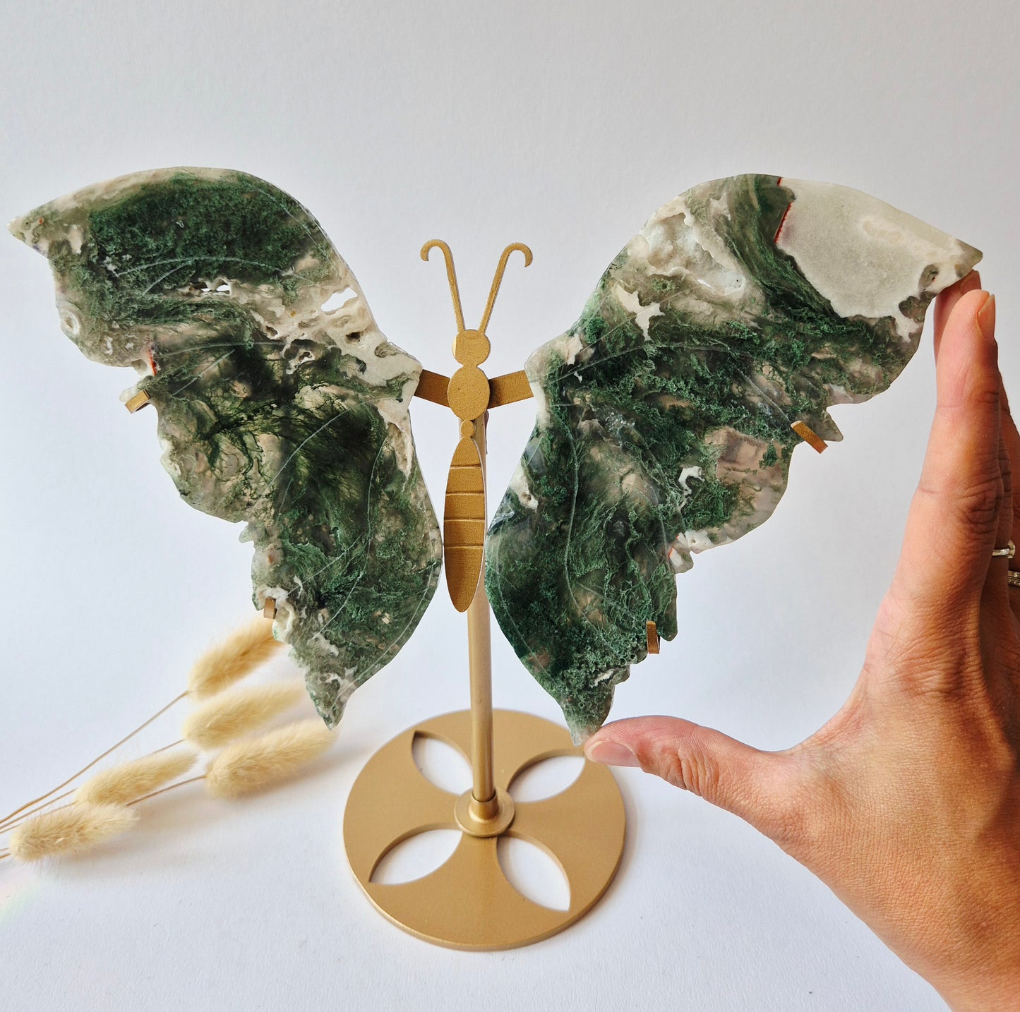 XL mosagaat vlinder met groene natuurlijke insluitsels op goudkleurige metalen standaard