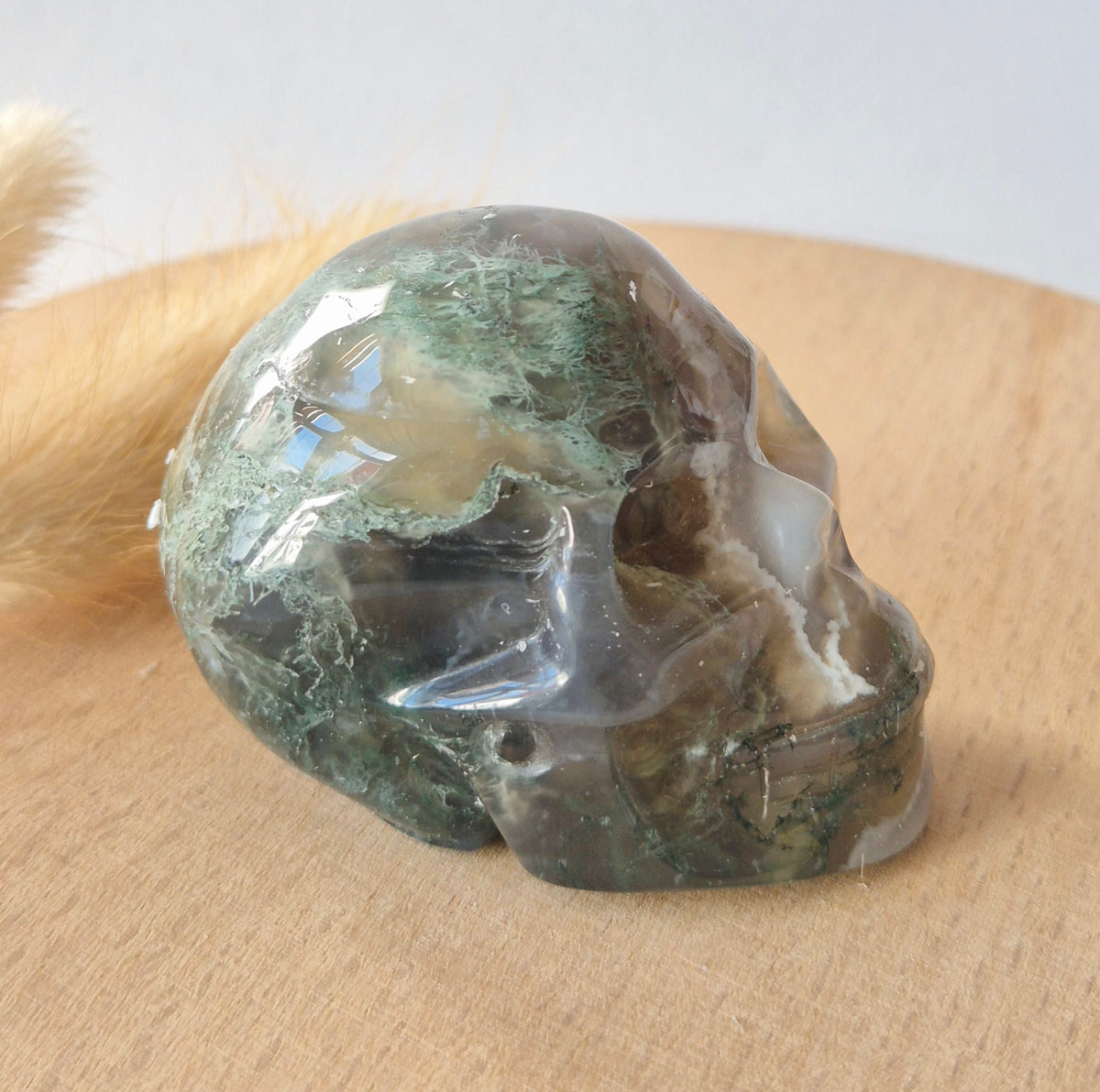 Mosagaat Skull Carving #4 | 5–6 cm Geslepen Edelsteen
