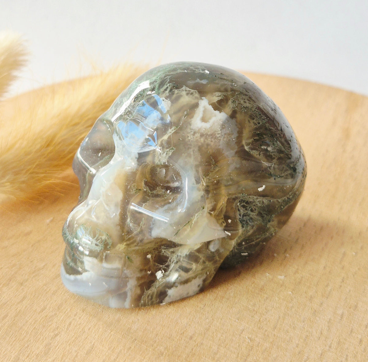 Mosagaat Skull Carving #4 | 5–6 cm Geslepen Edelsteen