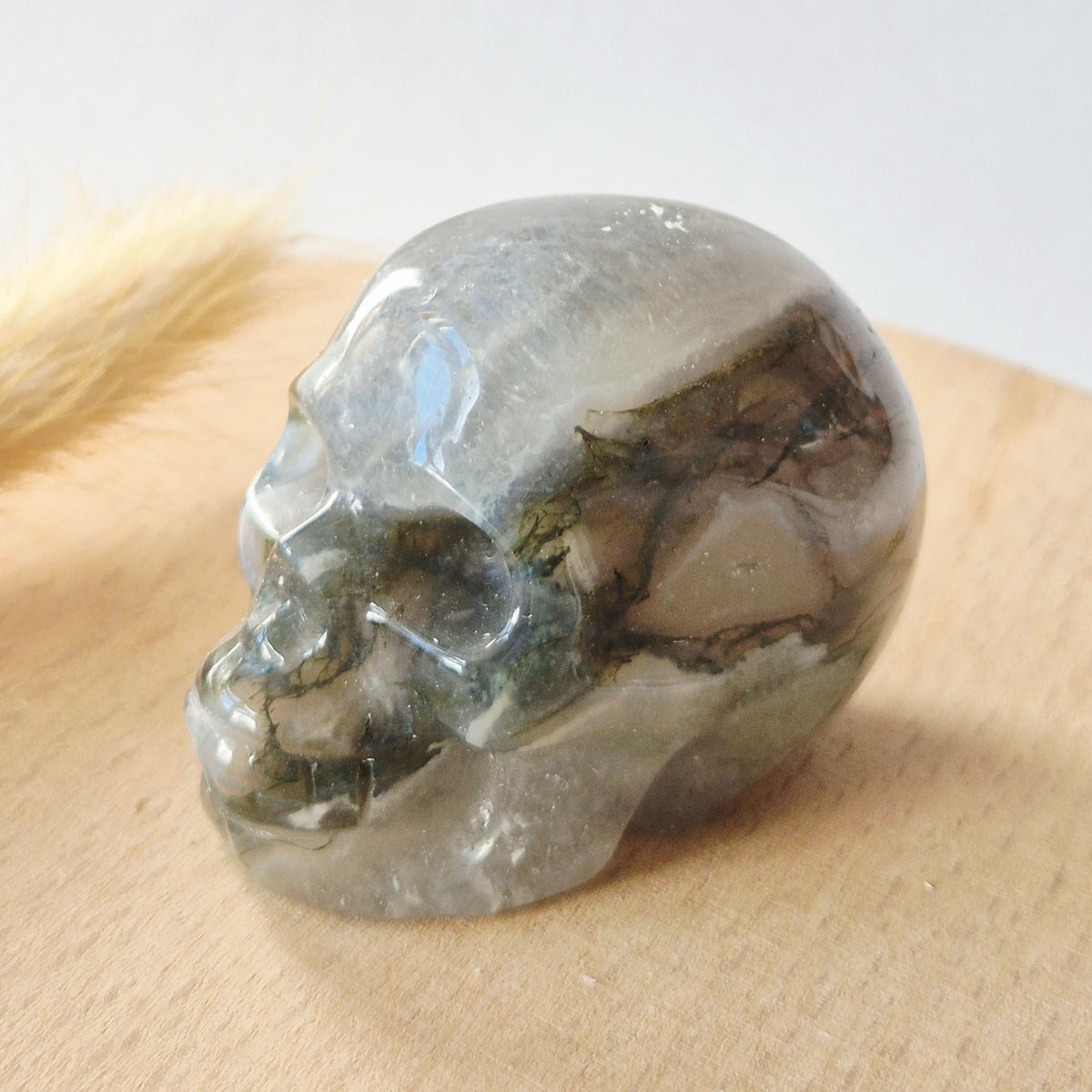 Mosagaat Skull Carving #9 | 5–6 cm Geslepen Edelsteen