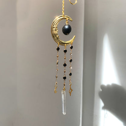 Maan Zonnevanger Zwarte Obsidiaan – Gouden Celestial Raamhanger met Kristal (40 cm)
