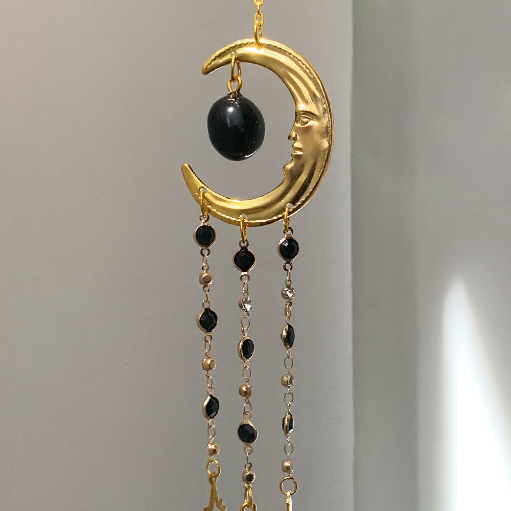 Maan Zonnevanger Zwarte Obsidiaan – Gouden Celestial Raamhanger met Kristal (40 cm)