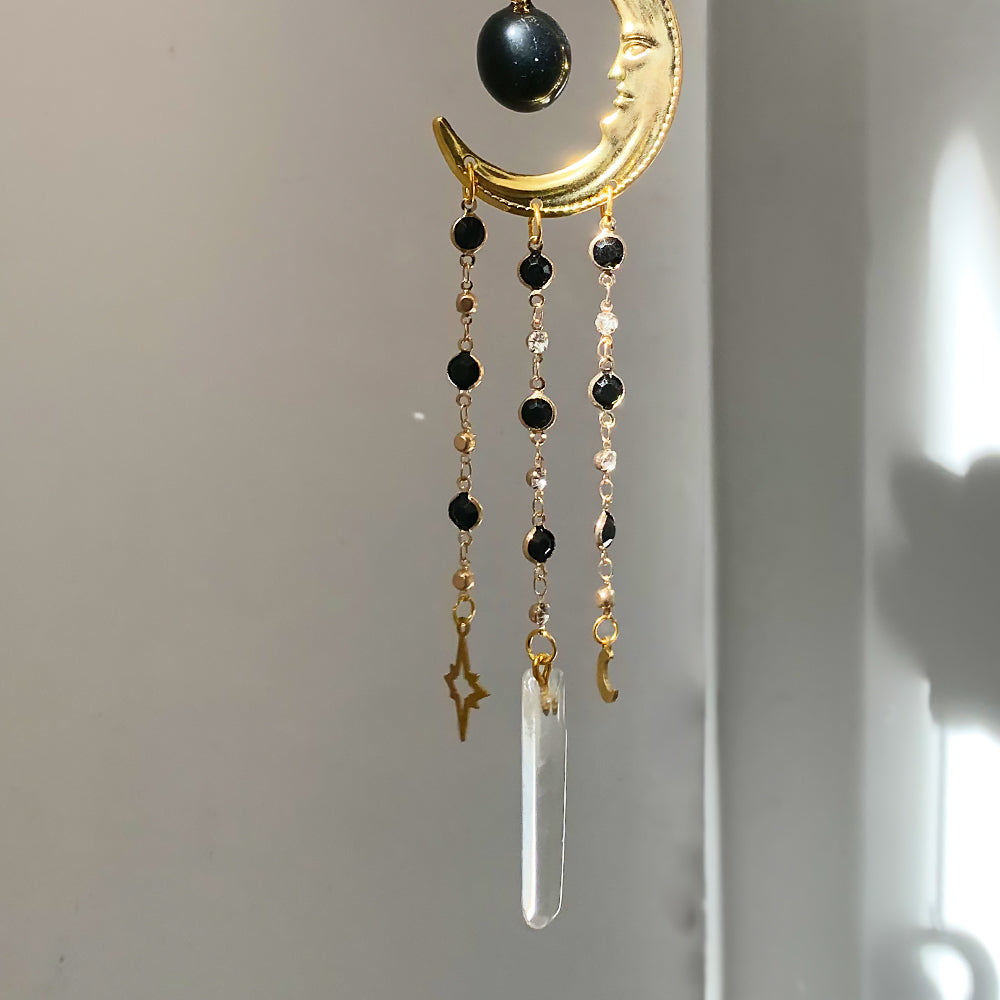 Maan Zonnevanger Zwarte Obsidiaan – Gouden Celestial Raamhanger met Kristal (40 cm)