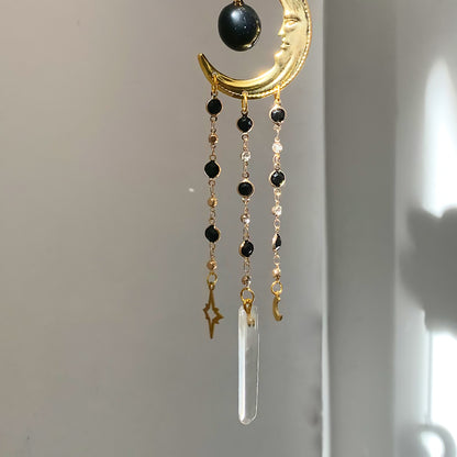 Maan Zonnevanger Zwarte Obsidiaan – Gouden Celestial Raamhanger met Kristal (40 cm)